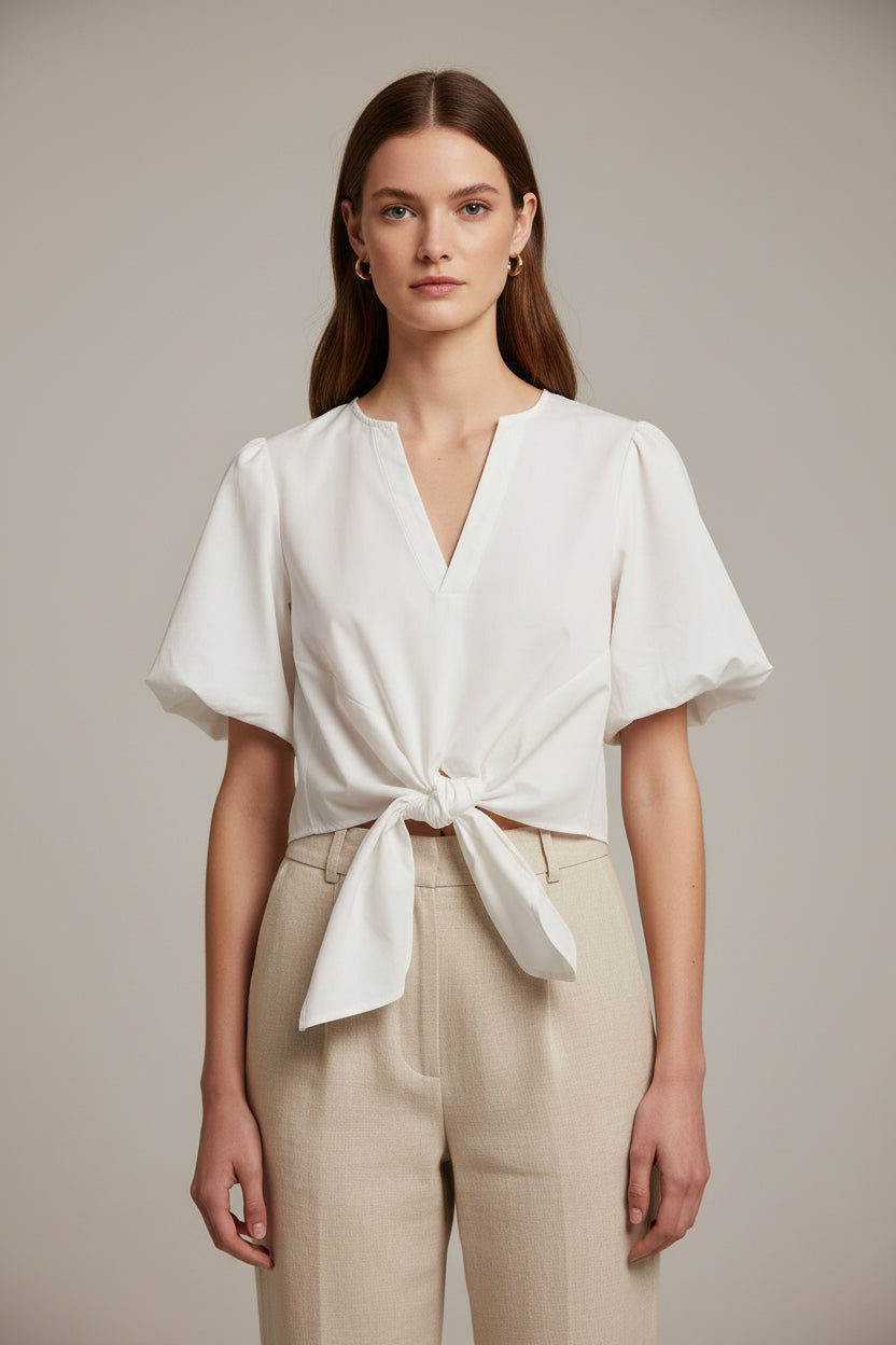TIE-FRONT PUFF SLEEVE BLOUSE