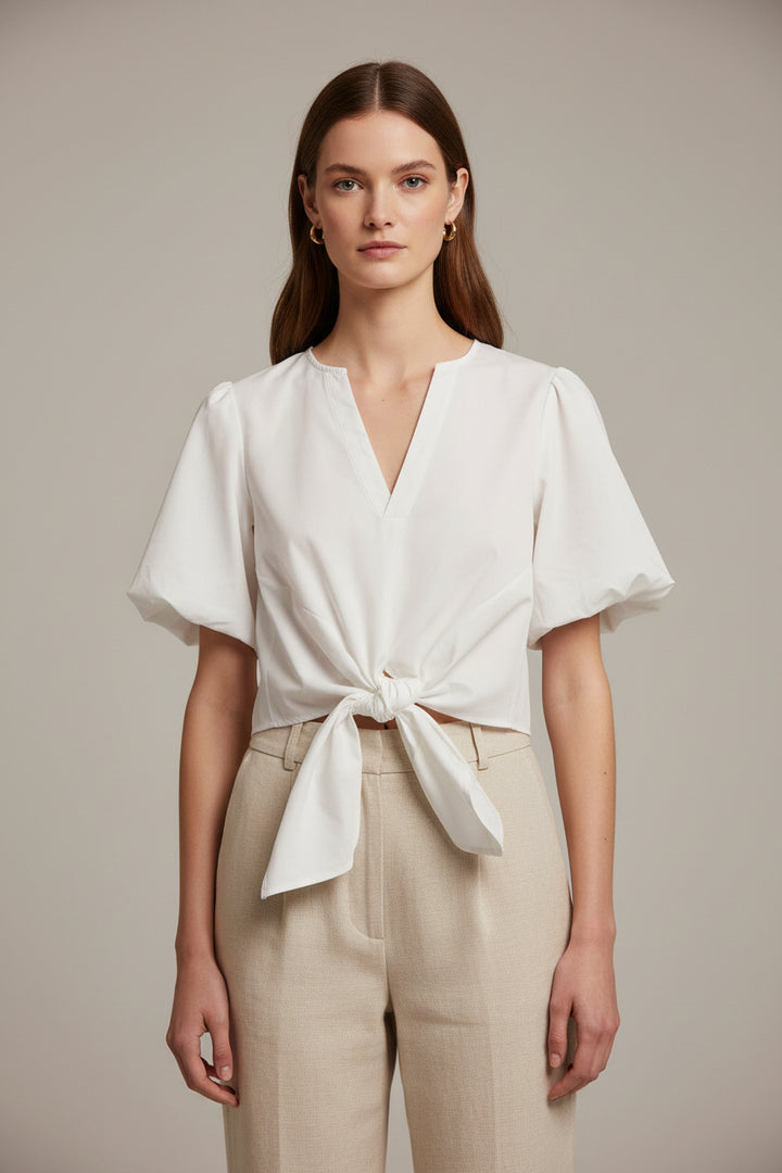 TIE-FRONT PUFF SLEEVE BLOUSE