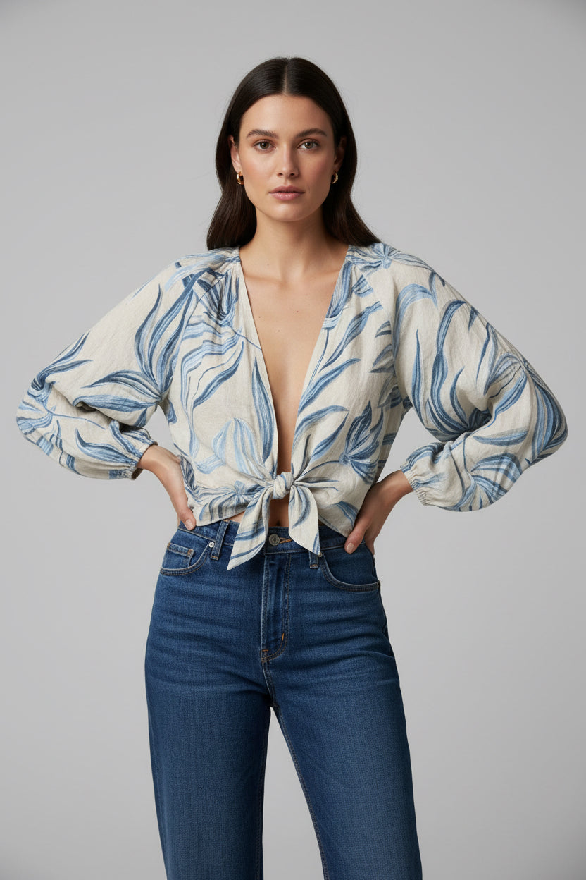 Printed Tie Front Top