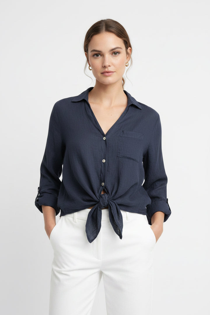Linen Front Tie Button Shirt