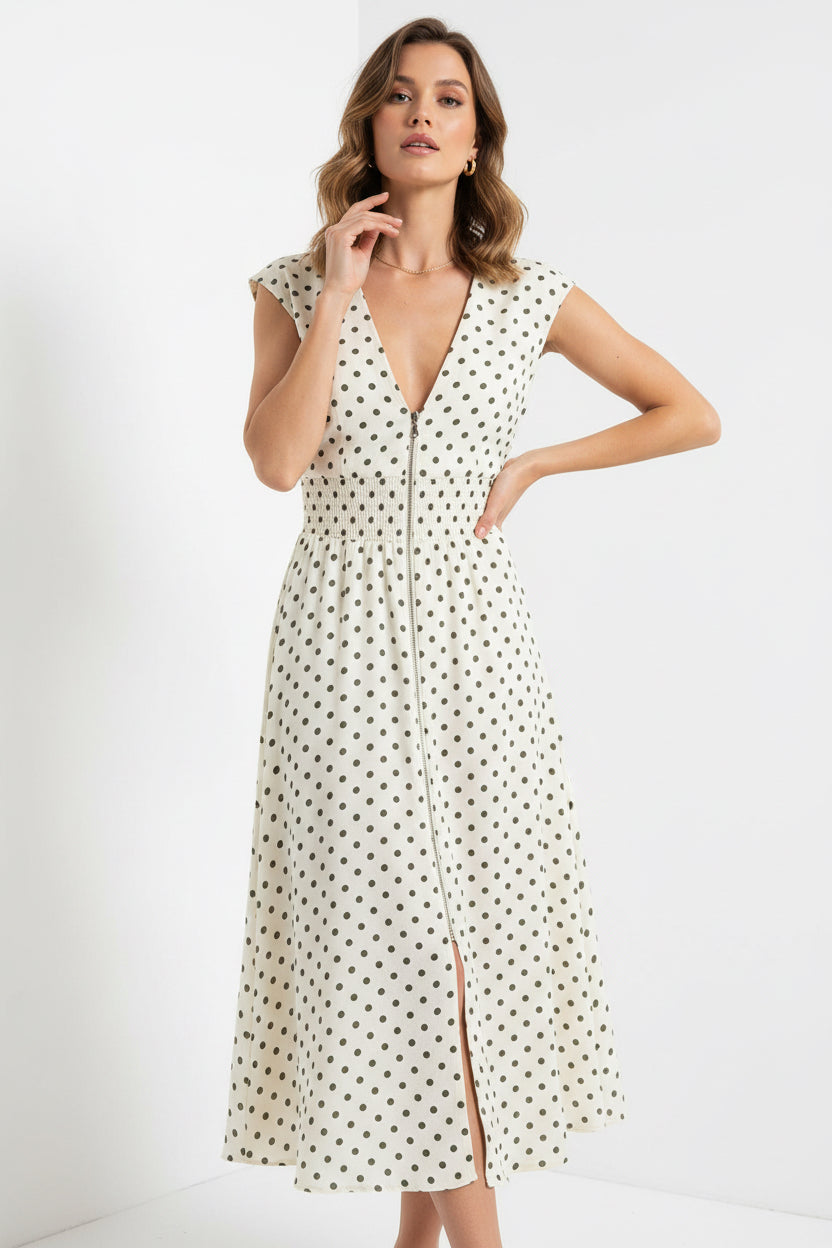 SLEEVELESS ZIPPER POLKA DOT DRESS