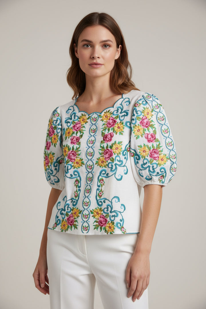 FLORAL EMB TOP WITH SCALLOP NECKLINE