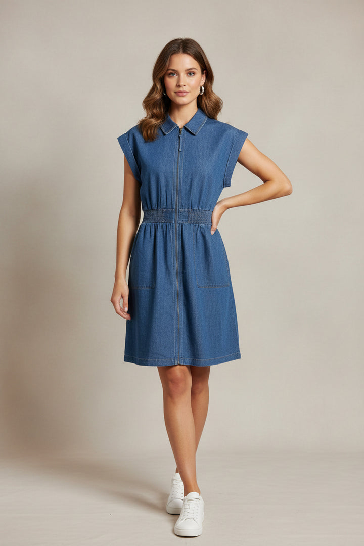 DENIM ZIP UP MINI DRESS WITH POCKETS