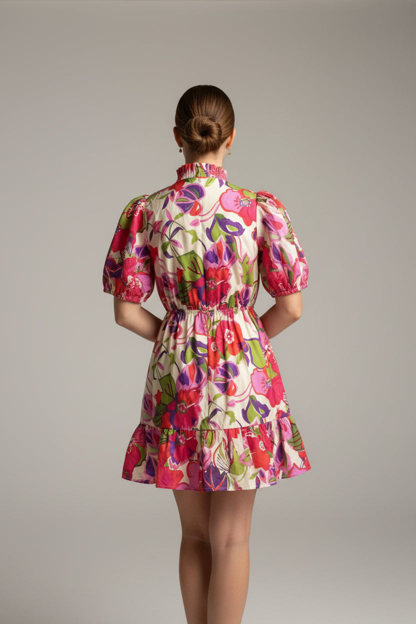 SMOCKED V-NECK FORAL MINI DRESS