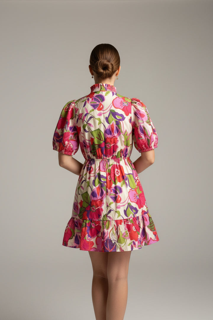 SMOCKED V-NECK FORAL MINI DRESS