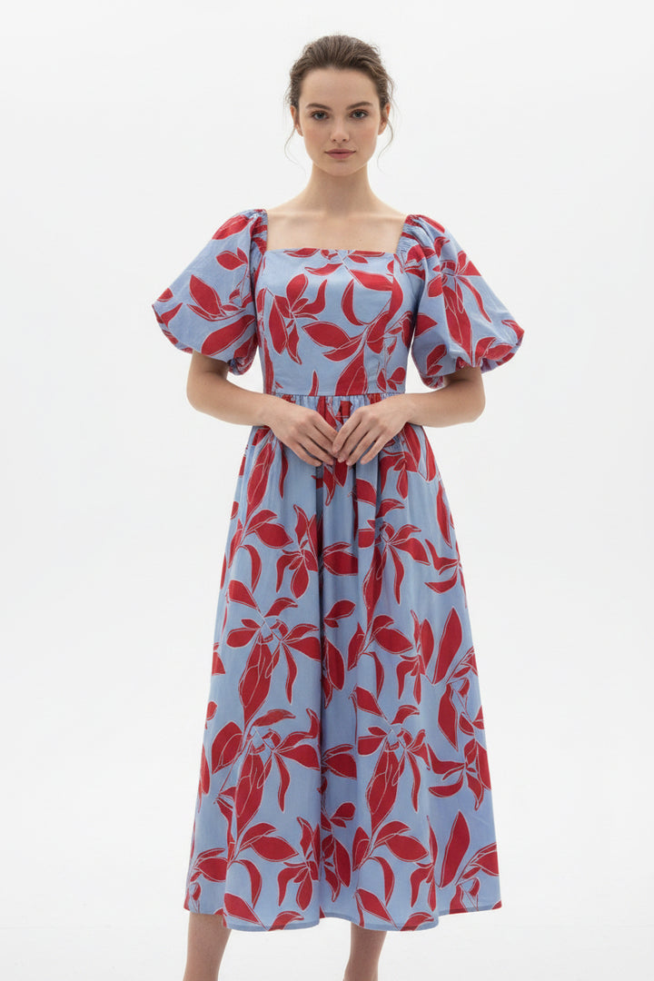 SMOCKED BACK BUBBLE SLEEVE MIDI DRESS