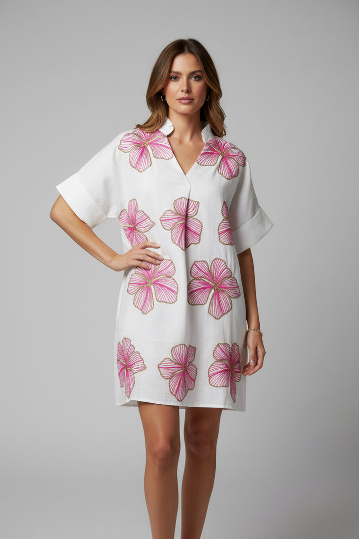 RUFFLED NECK EMBROIDERED FLOWER DRESS