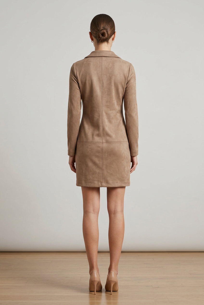 COLLARED SHORT SLEEVE SUEDE V-NECK DRESS