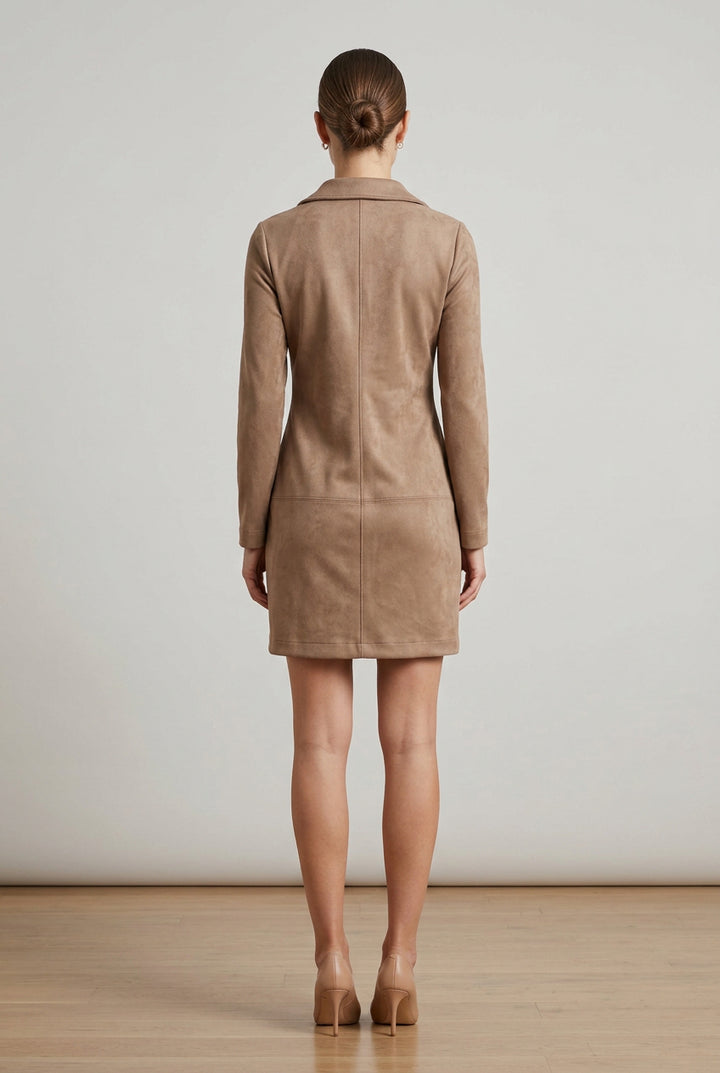 COLLARED SHORT SLEEVE SUEDE V-NECK DRESS