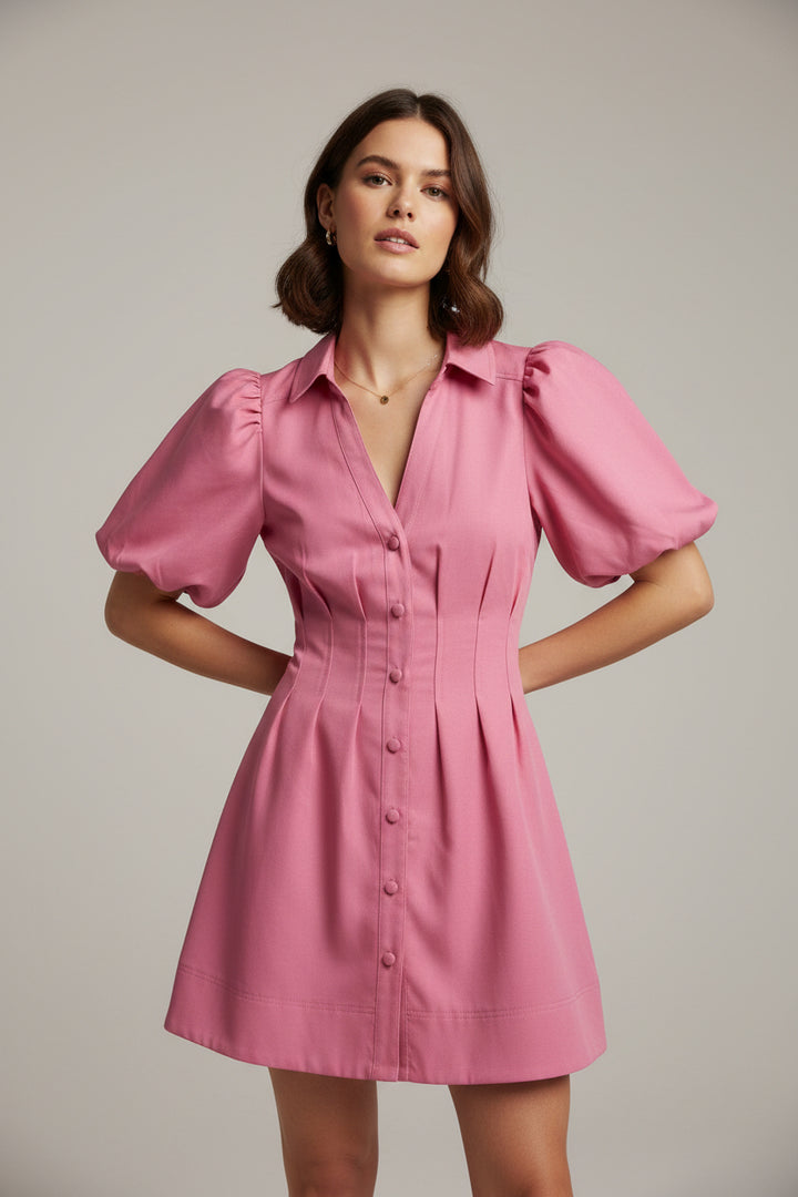 PLEATED DRESS BALLOON SLEEVE WAIST MINI FIT & FLARE
