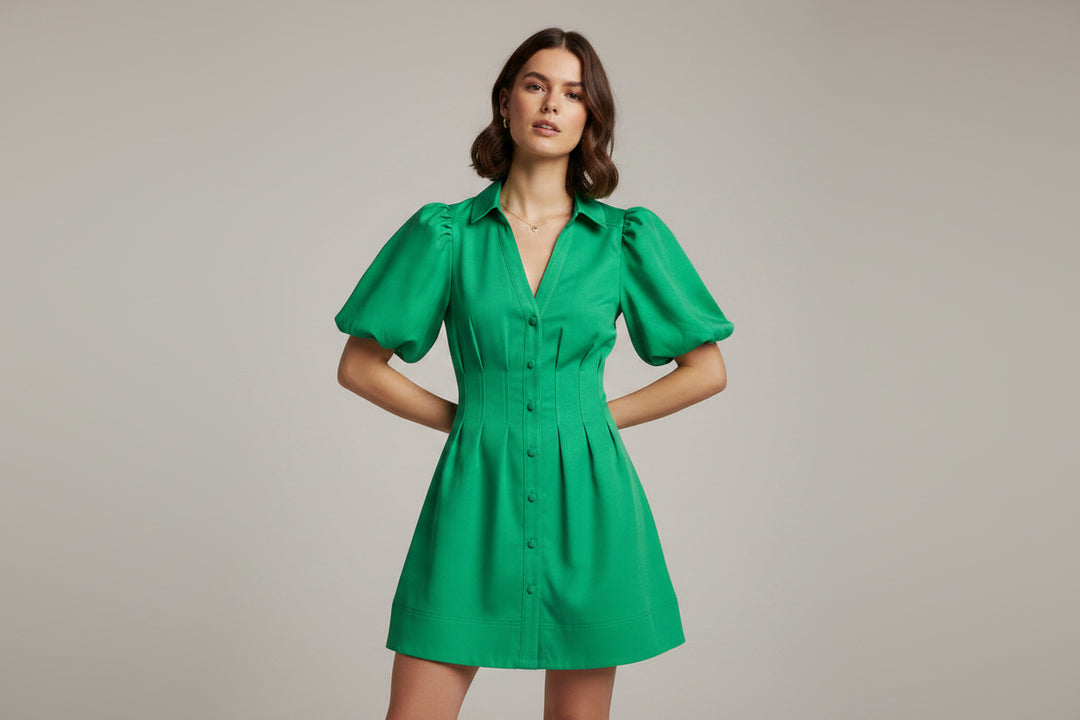 PLEATED DRESS BALLOON SLEEVE WAIST MINI FIT & FLARE