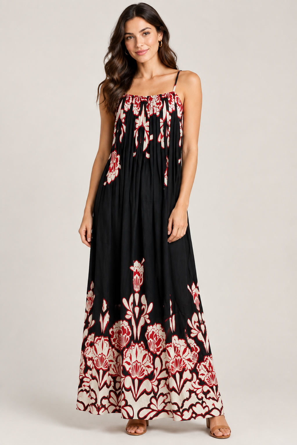SPAGETTI STRAP WITH PLEATED BODICE MIDI DRESS