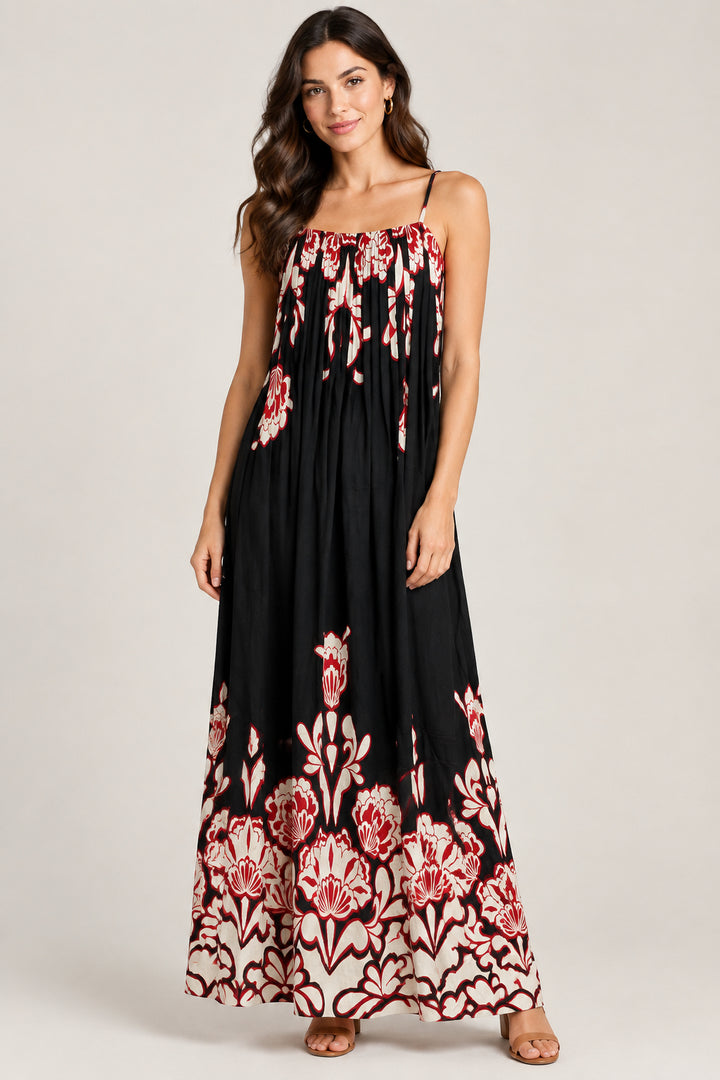 SPAGETTI STRAP WITH PLEATED BODICE MIDI DRESS