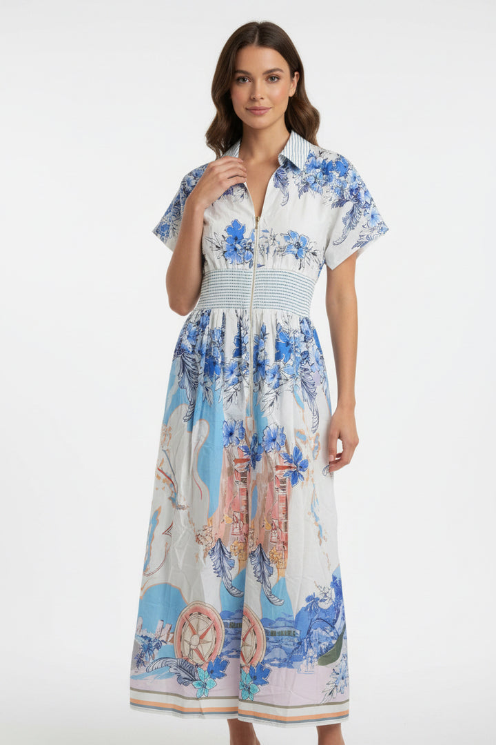 SMOCKED WAIST WITH ZIPPER FRONT MIDI DRESS