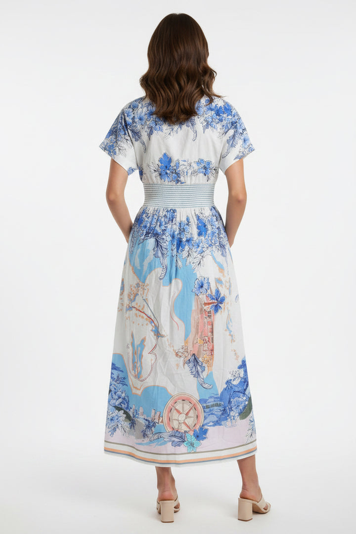 SMOCKED WAIST WITH ZIPPER FRONT MIDI DRESS
