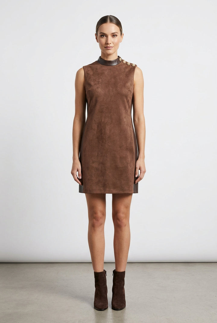SLEEVELESS SUEDE DRESS WITH GOLD BUTTONS