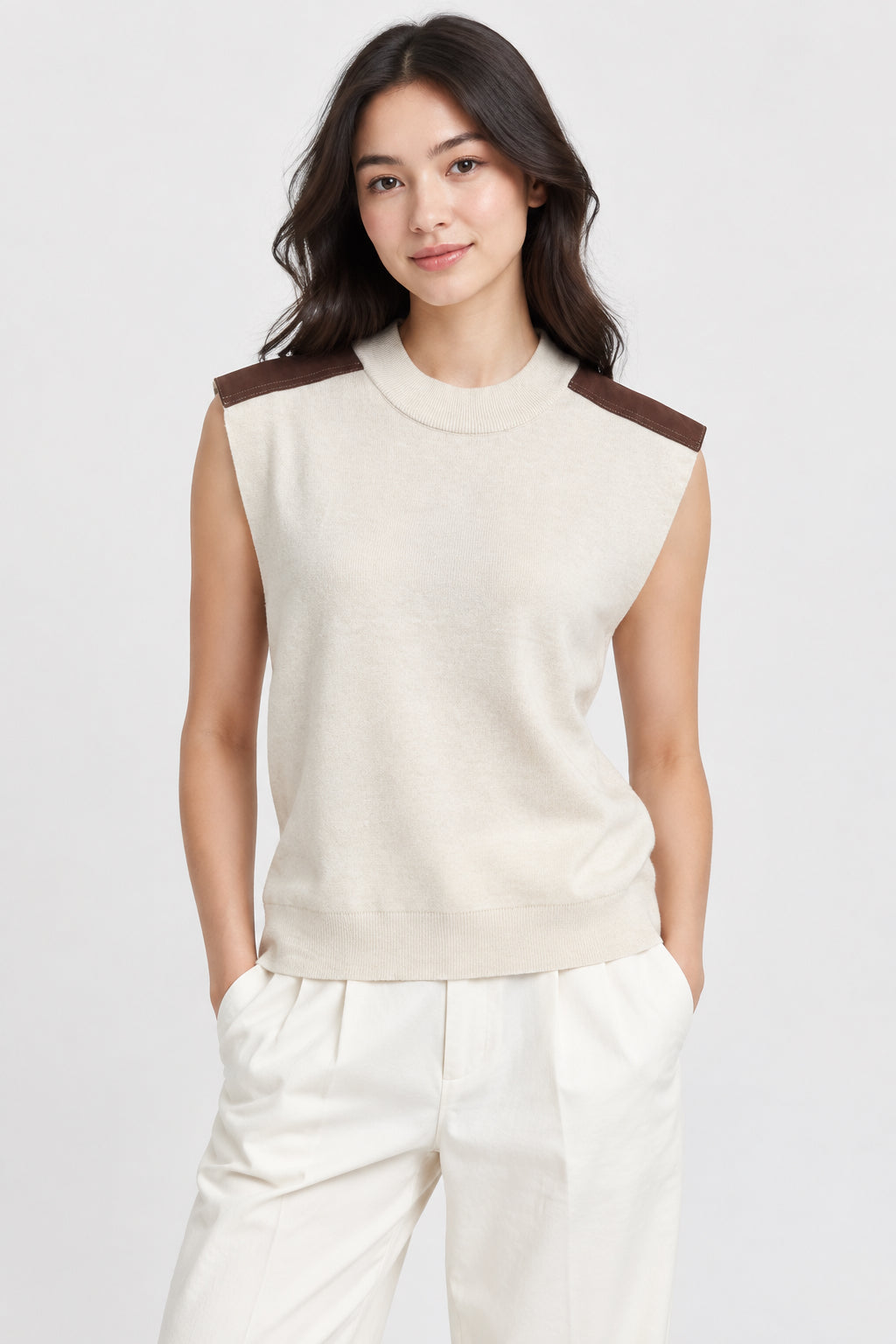TURTLE NECK VEST WITH SUEDE SHOULDER DETAIL