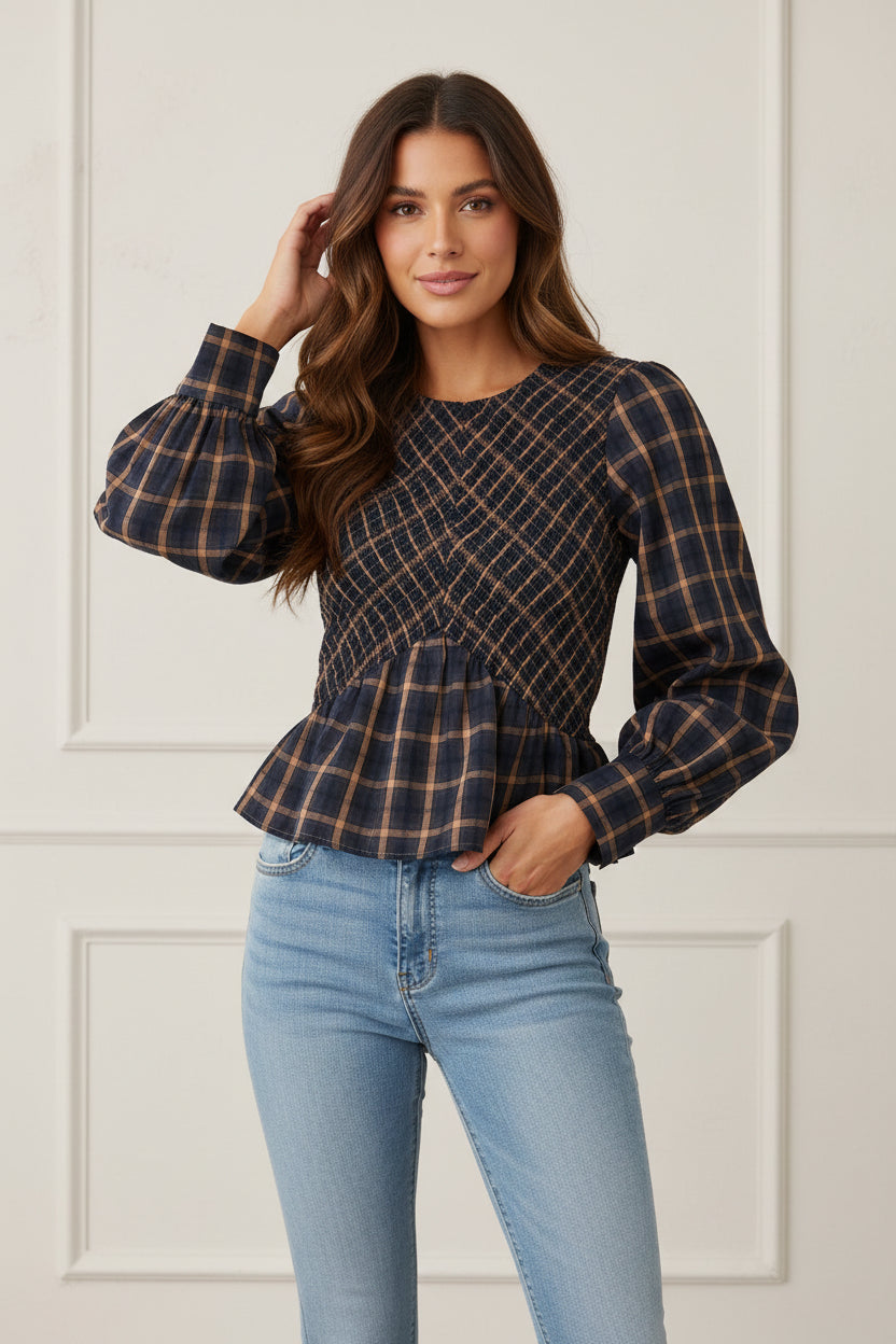 PLAID SMOCKED LONG SLEEVE TOP