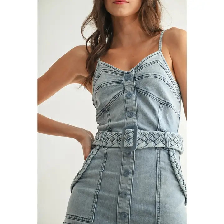 Stretch Denim Dress with Braided Belt Detail