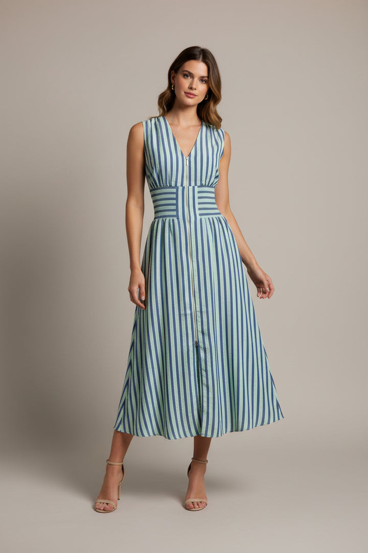SLEEVELESS VERTICAL STRIPES ZIPPERED DRESS