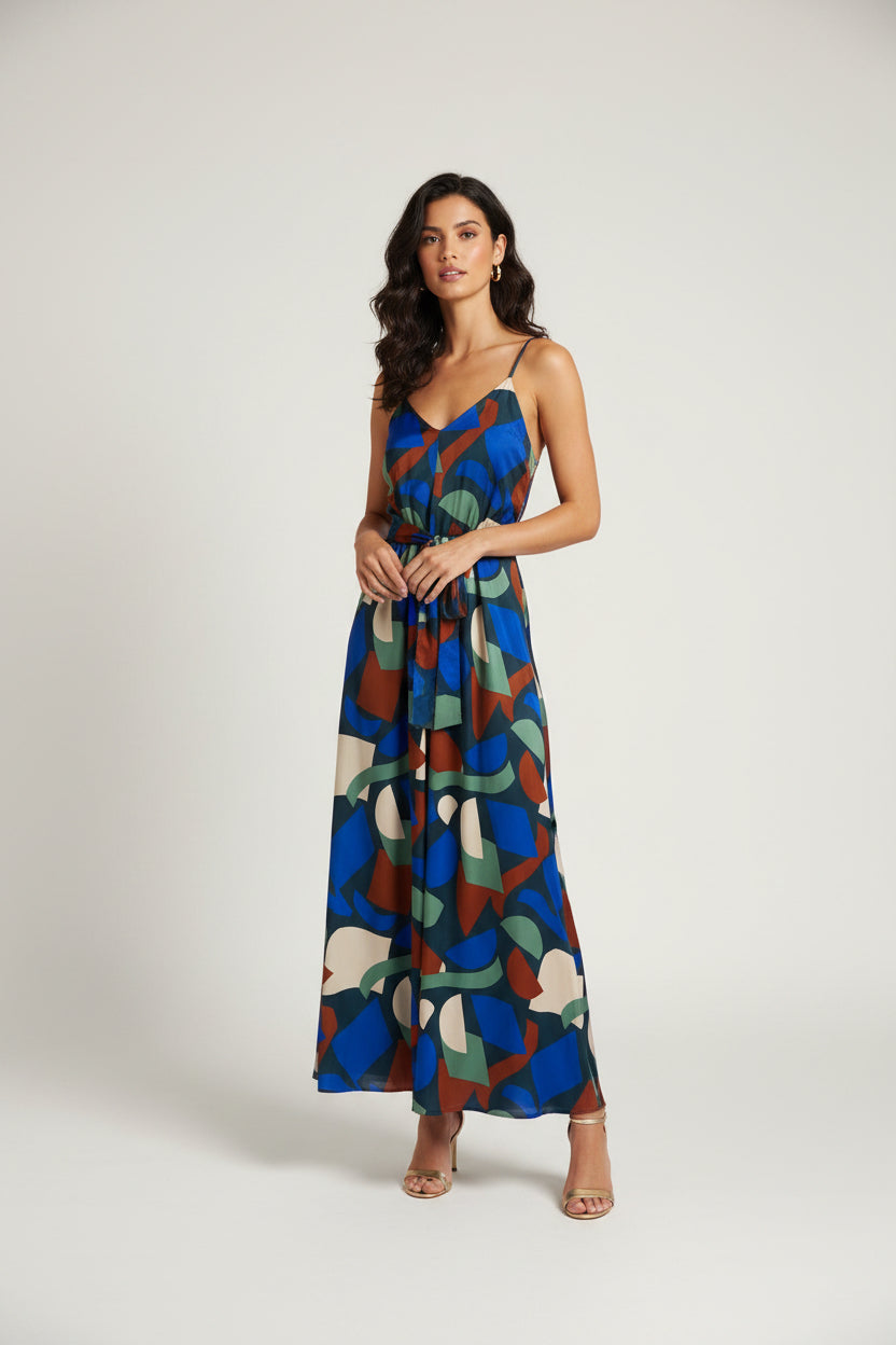 V-NECK MOSAIC BLUE MAXI DRESS