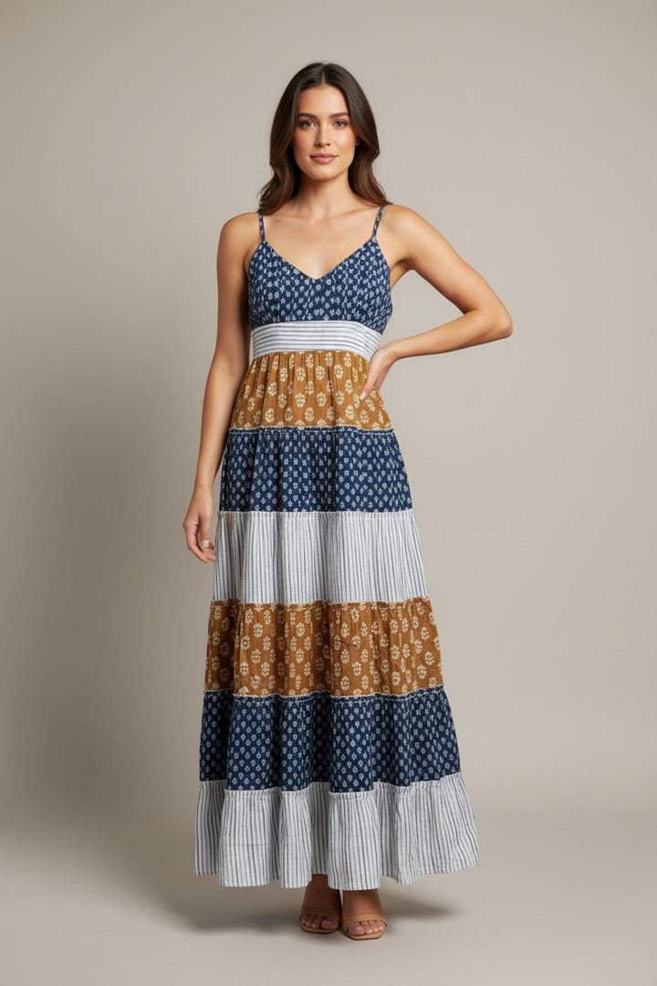 THIN STRAP PATTERNED TIERED MAXI DRESS