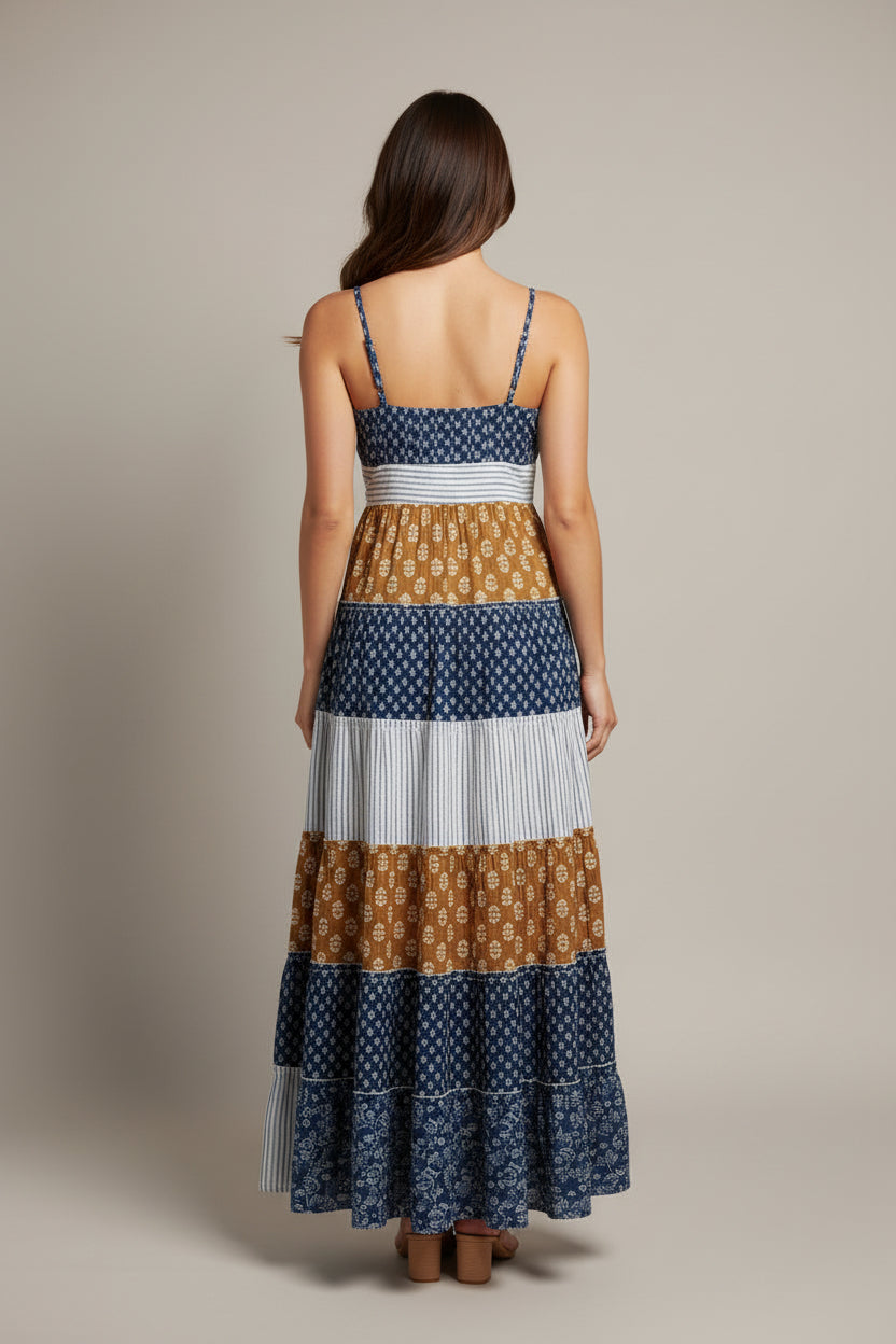 THIN STRAP PATTERNED TIERED MAXI DRESS