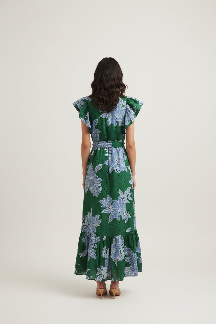 FLUTTER SLEEVE BELTED 1/4 BUTTON MIDI DRESS