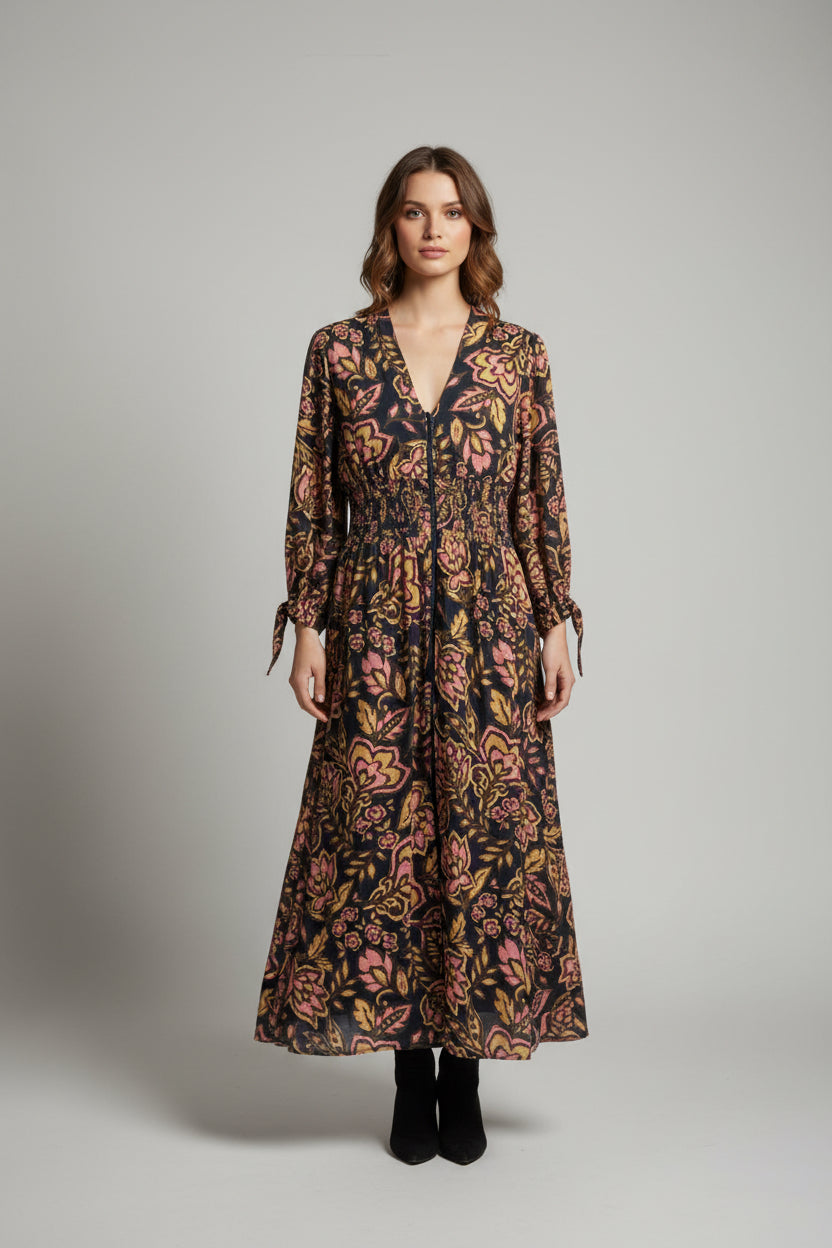 GATHERED WAIST FRONT ZIP MIDI DRESS