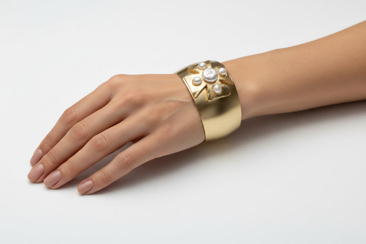GOLD CROSS WTIH FRESHWATER PEARL CUFF BRACELET