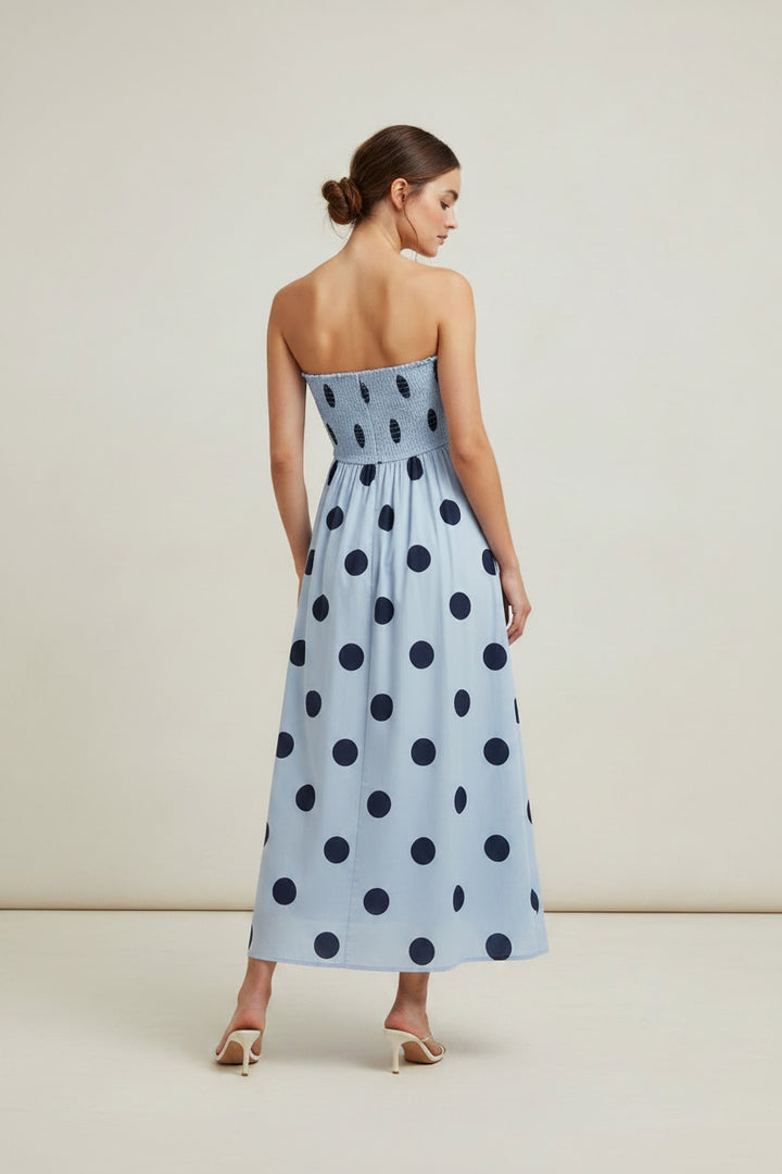 PLEATED BODICE POLKA DOT MIDI DRESS