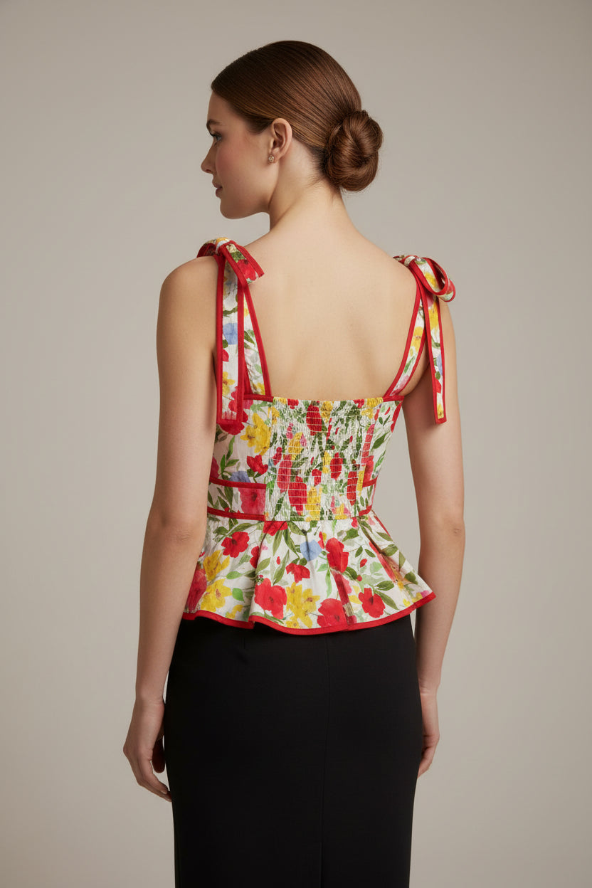 TIE STRAP FLORAL PRINT PEPLUM TANK TOP