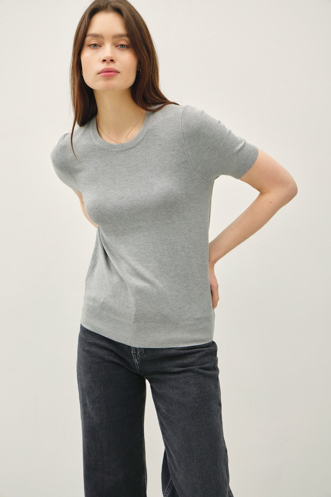 Basic Sweater Tee with Cuffing Detail at Sleeve