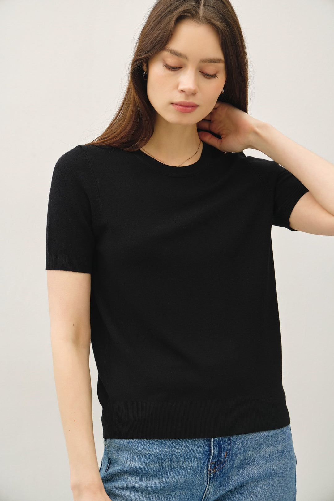 Basic Sweater Tee with Cuffing Detail at Sleeve