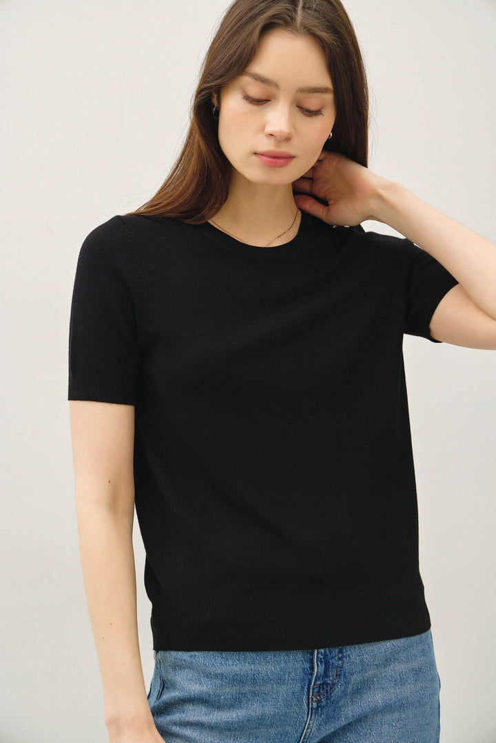Basic Sweater Tee with Cuffing Detail at Sleeve