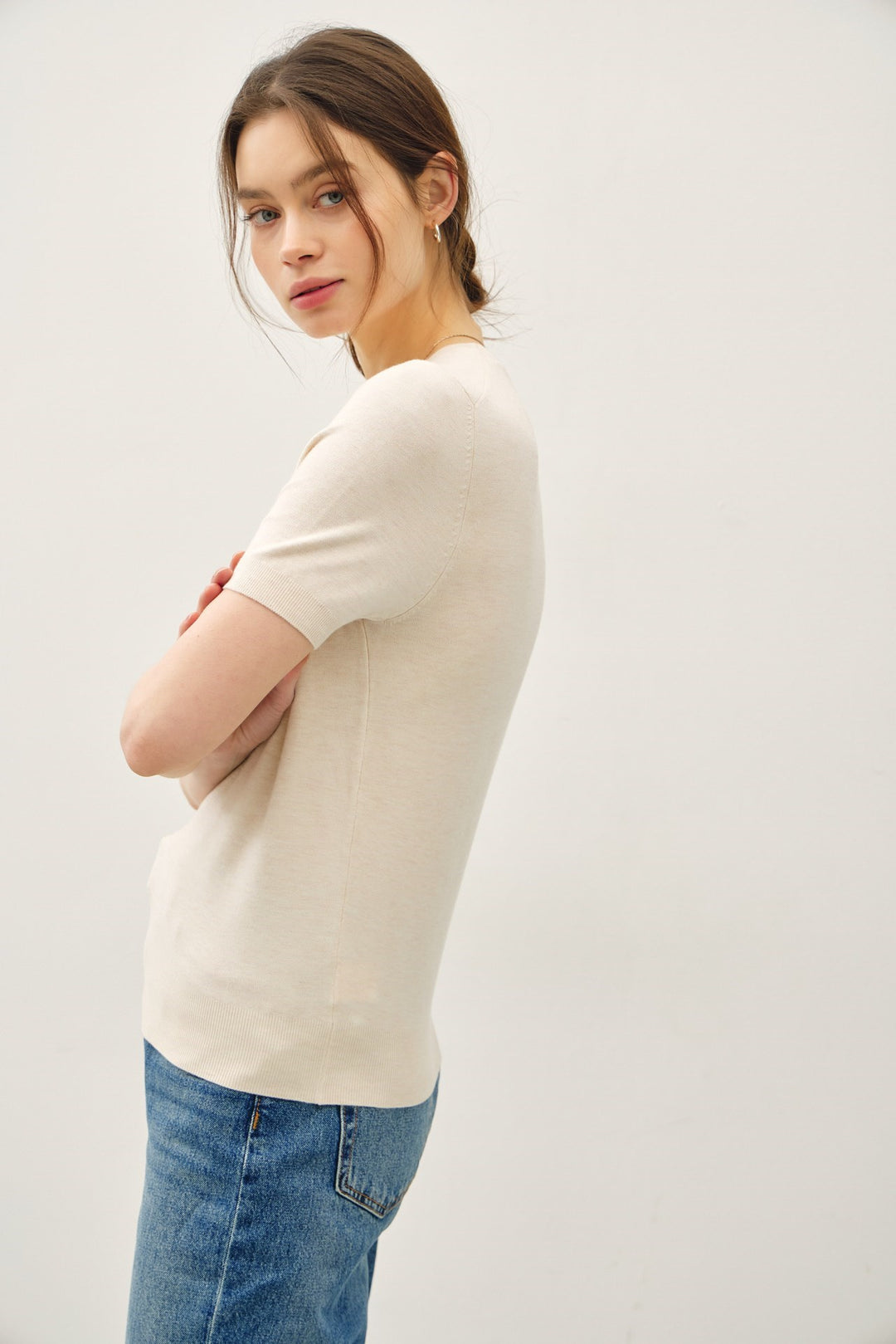 Basic Sweater Tee with Cuffing Detail at Sleeve