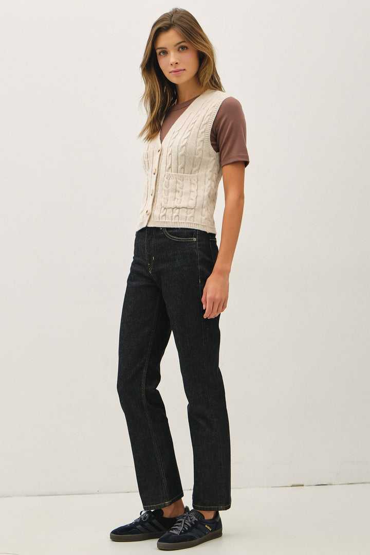 Varsity Style Cable Knit Button Up V-neck Sweater Vest