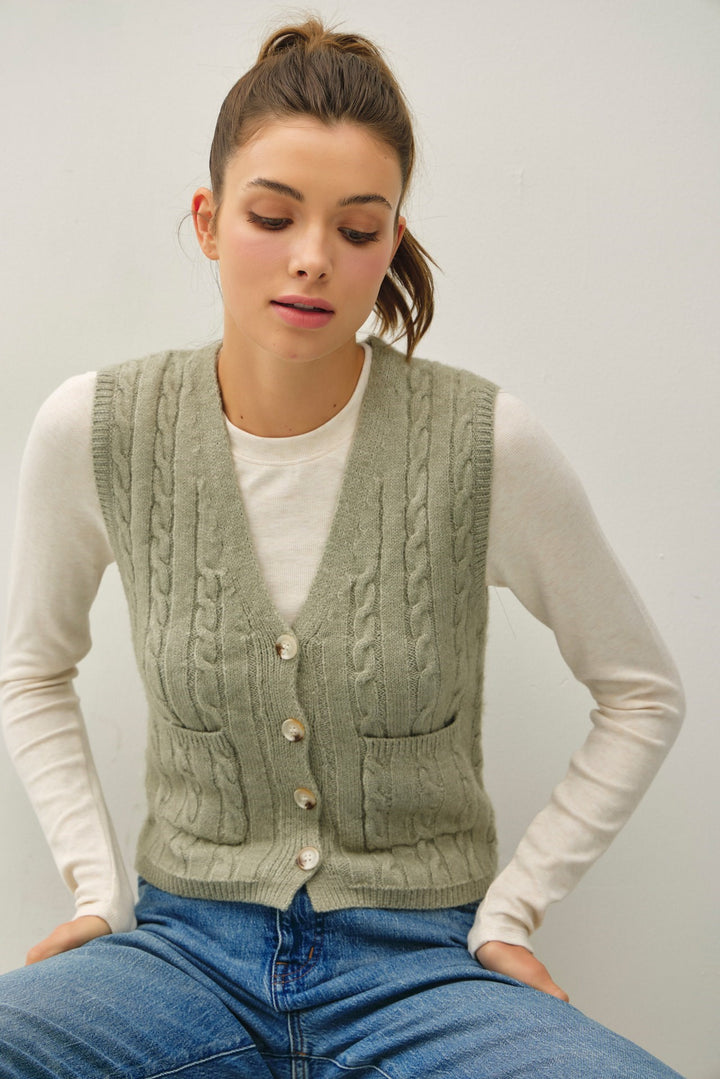 Varsity Style Cable Knit Button Up V-neck Sweater Vest