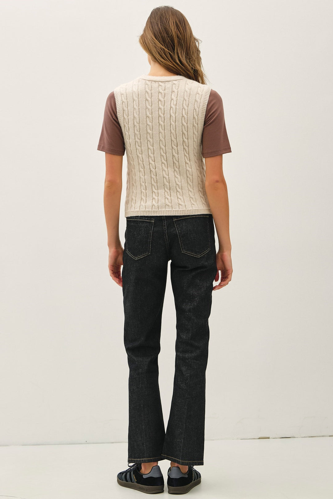 Varsity Style Cable Knit Button Up V-neck Sweater Vest