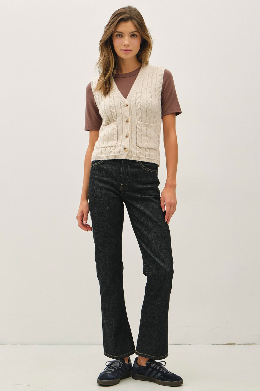 Varsity Style Cable Knit Button Up V-neck Sweater Vest