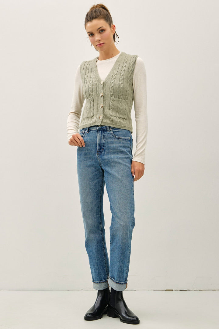 Varsity Style Cable Knit Button Up V-neck Sweater Vest