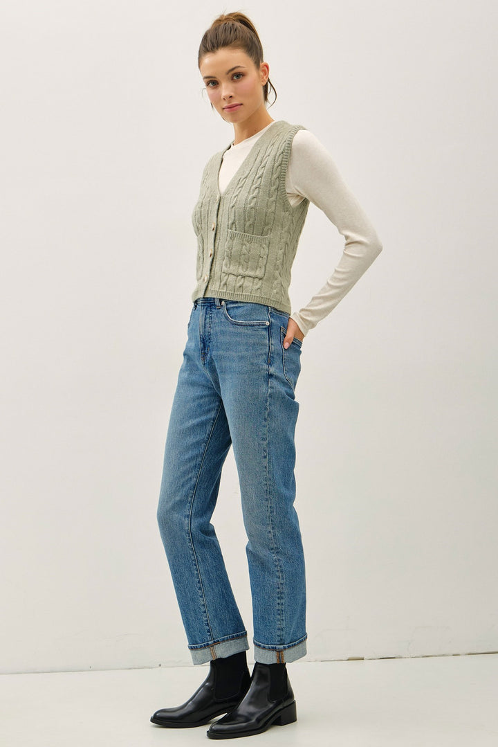 Varsity Style Cable Knit Button Up V-neck Sweater Vest