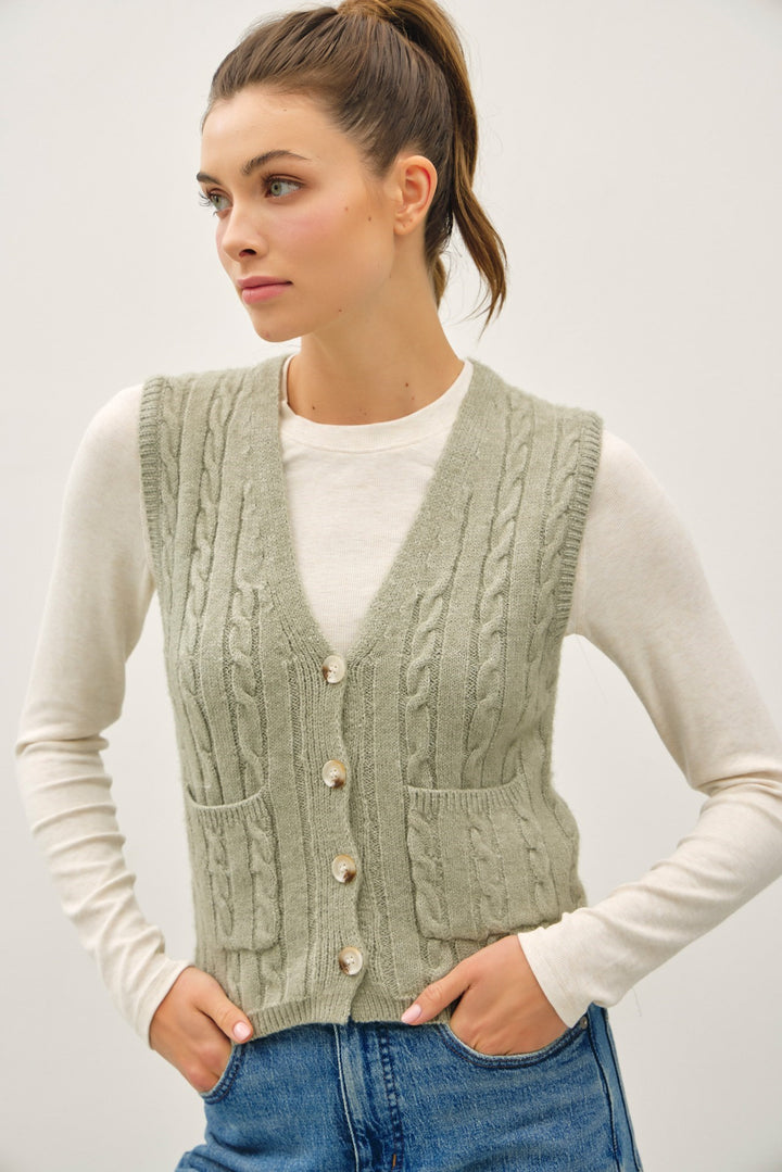 Varsity Style Cable Knit Button Up V-neck Sweater Vest