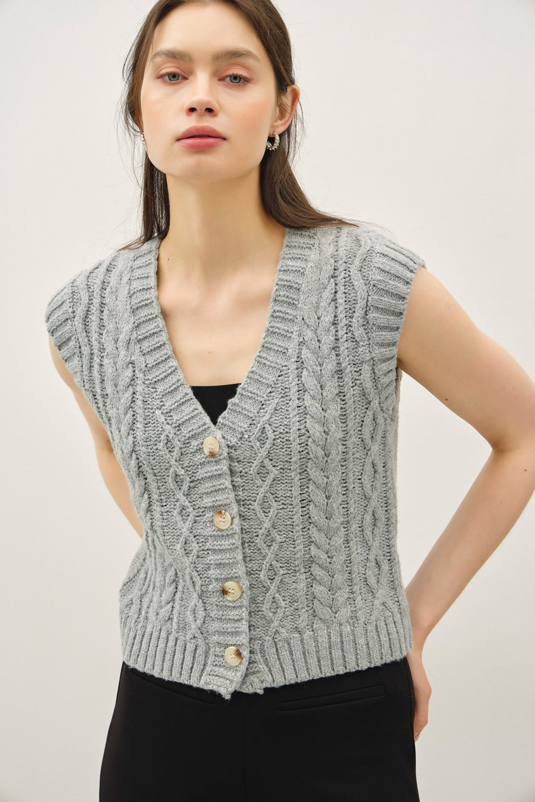 Chucky Cable Knit V-Neck Button up Sweater Vest