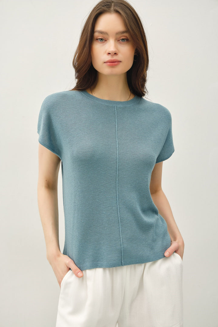 Cap Sleeve Sweater Top with Line Detail Down Front