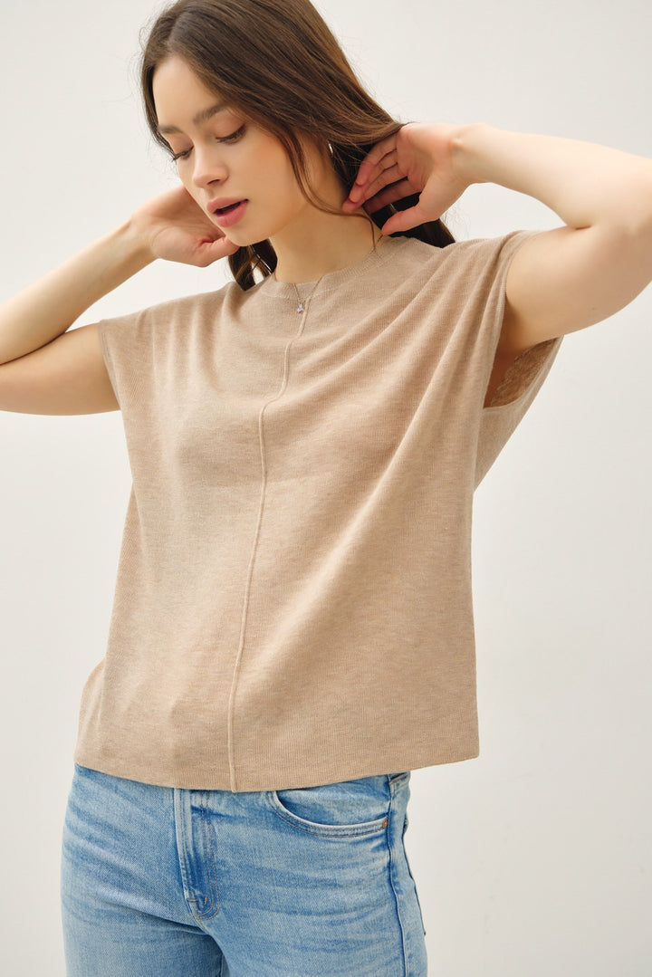 Cap Sleeve Sweater Top with Line Detail Down Front