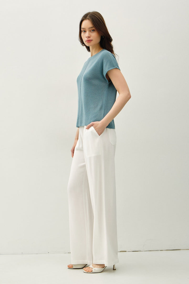 Cap Sleeve Sweater Top with Line Detail Down Front