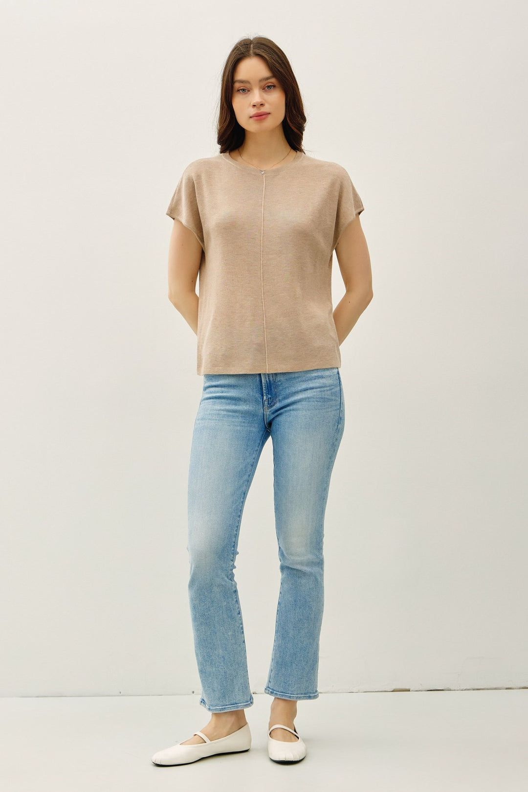 Cap Sleeve Sweater Top with Line Detail Down Front