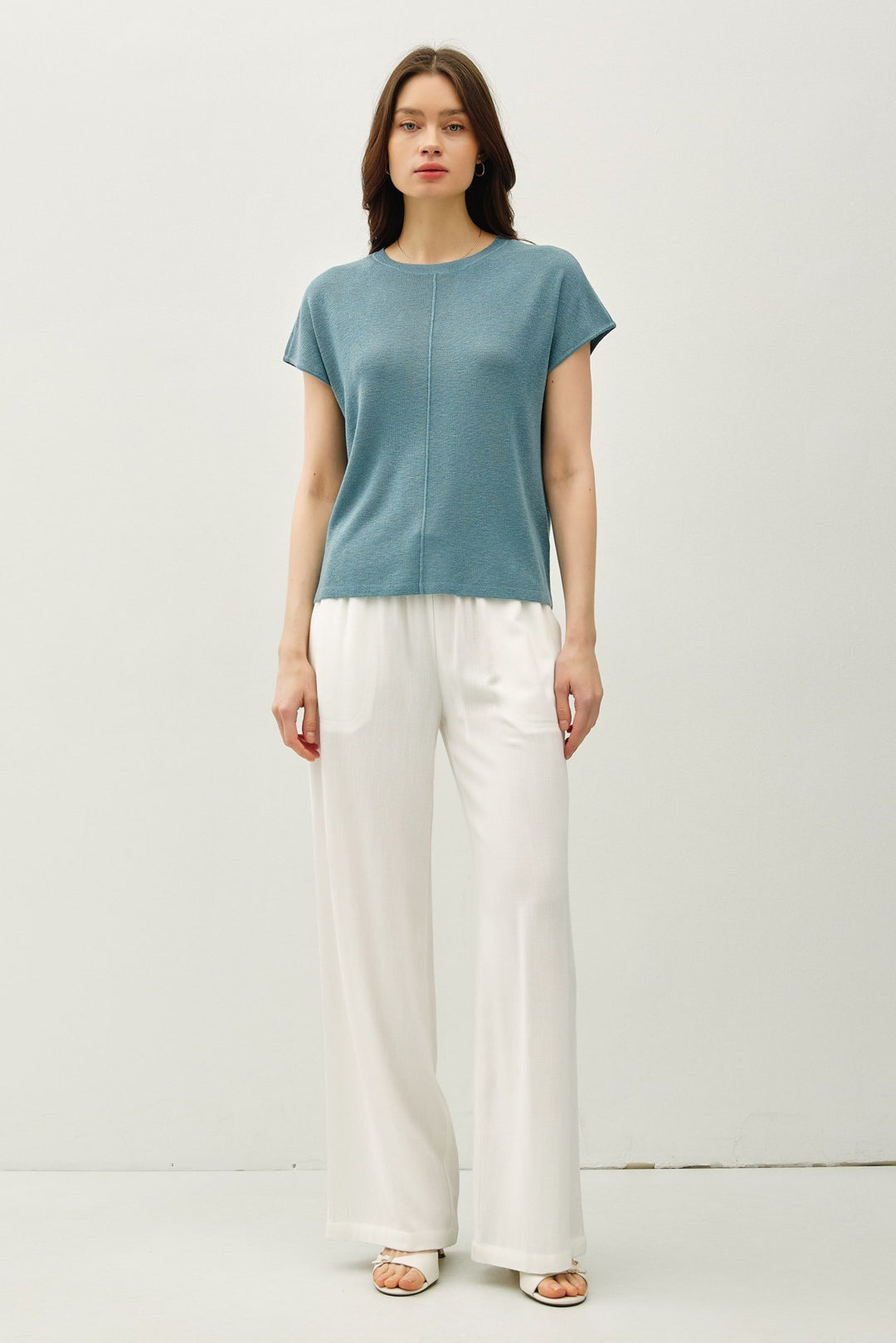 Cap Sleeve Sweater Top with Line Detail Down Front
