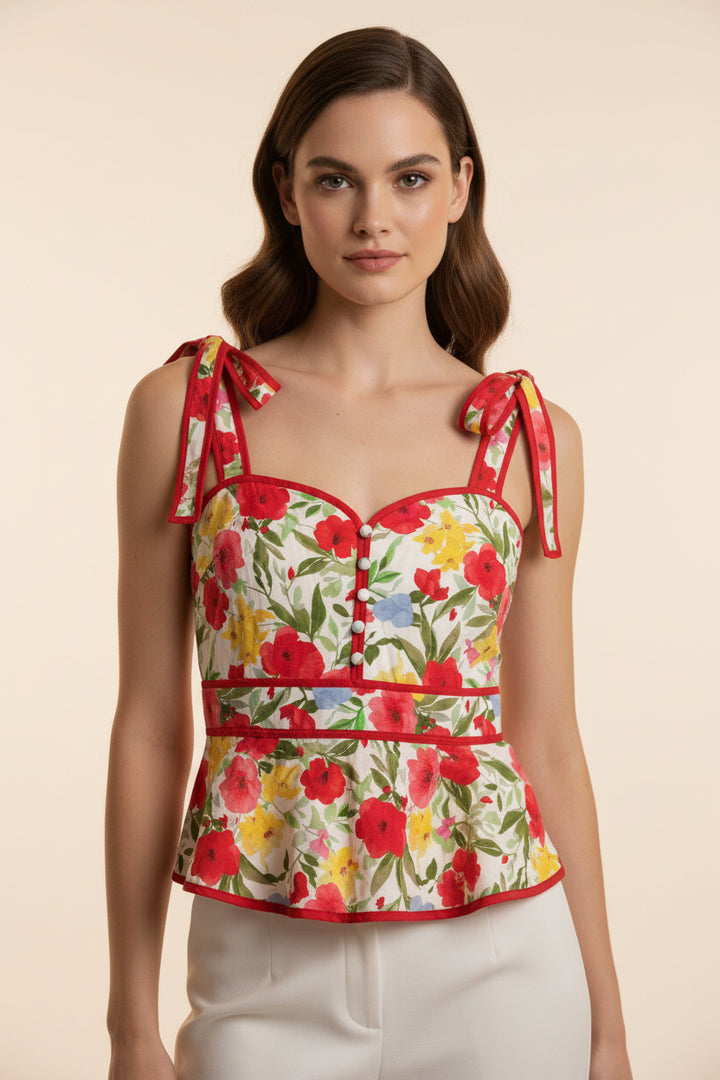 TIE STRAP FLORAL PRINT PEPLUM TANK TOP